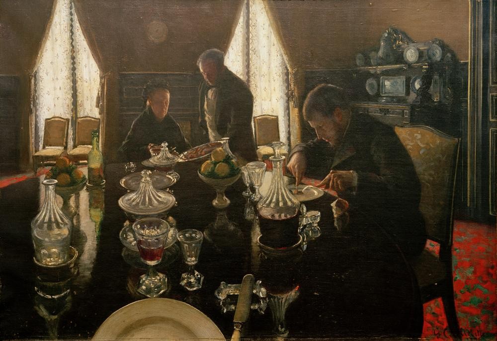 Gustave Caillebotte, Le déjeuner (Abendessen,Dienstboten,Essgeschirr,Essen Und Trinken,Familie,Glas,Junggeselle,Kanne,Bedienung,Kunst,Möbel,Tafelsitten,Wein,Wohnung,Tageszeiten,Morgen,Impressionismus,Genussmittel,Nahrungsmittel,Frühstück,Mutter,Speisezimmer,Mutter Und Sohn,Interieur,Franz)