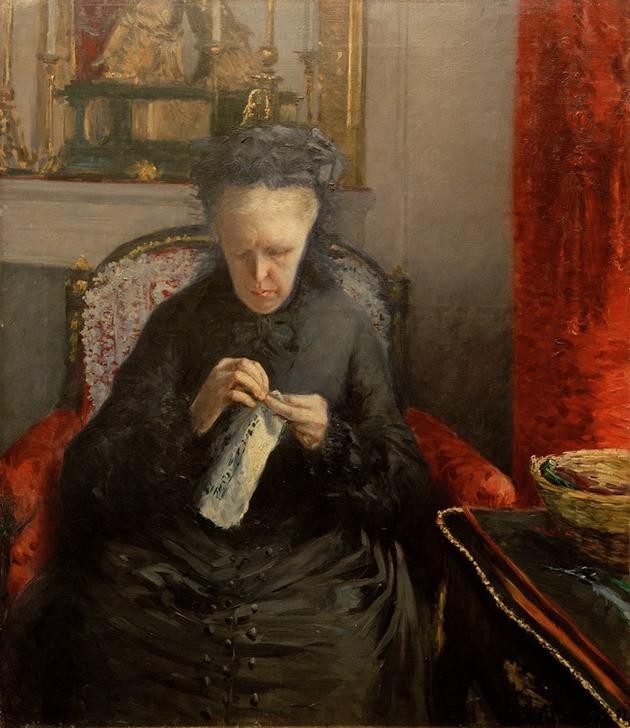 Gustave Caillebotte, Portrait de Madame Martial Caillebotte (Damenmode,Frau,Handarbeit,Kopfbedeckung,Kunst,Mensch,Mode,Impressionismus,Portrait,Mutter Von Berühmten,Mutter,Nähen,Interieur,Haube,Französische Kunst,Sessel,Frauenleben,Sitzen,Schwarz,Alte Frau)