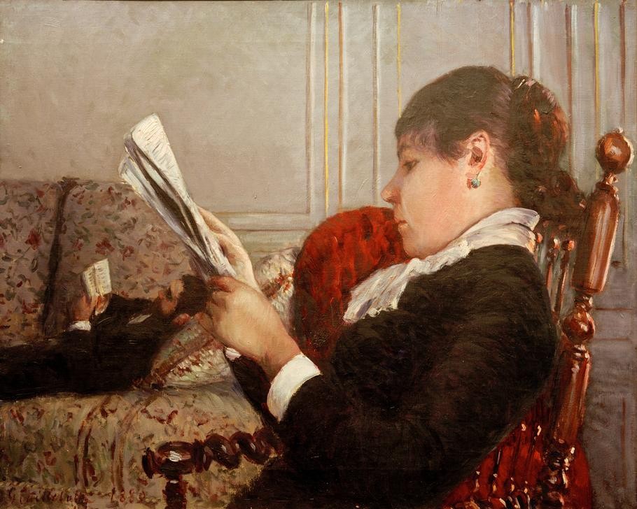 Gustave Caillebotte, Intérieur dit aussi Intérieur, femme lisant (Buch,Ehepaar,Frau,Kunst,Leser,Literatur,Mann,Freizeit,Wohnung,Impressionismus,Portrait,Zeitung,Lesen (Allgemein),Interieur,Französische Kunst,Stuhl,Profil,Leserin,Entspannung,Liegen,Eheleben,Zeitungsleser,Zeitungsleserin,Frisur)