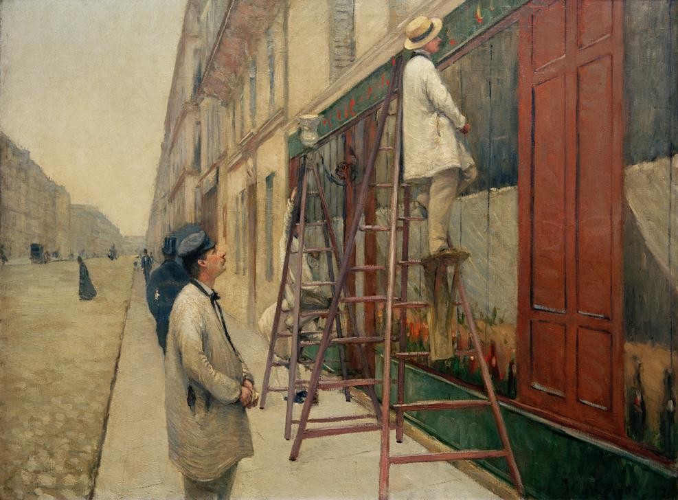 Gustave Caillebotte, Les peintres en bâtiment (Arbeiter,Arbeit,Beruf,Handwerk Und Gewerbe,Haus,Kunst,Anstreicher Und Maler,Mann,Strasse (Allgemein),Impressionismus,Fassade,Leiter,Französische Kunst,Betrachten,Privatsammlung,Handwerk,Gewerbe)