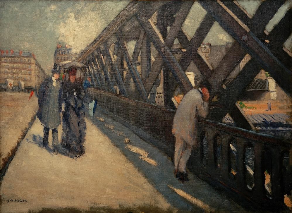 Gustave Caillebotte, Le pont de l’Europe, esquisse (Architektur,Brücke,Geographie,Kunst,Strassenszene,Impressionismus,Eisenkonstruktion,Studie,Stadtansicht,Architekturdarstellung,Französische Kunst,Fussgänger,Paar,Eisenbrücke,Topographie,Signatur)