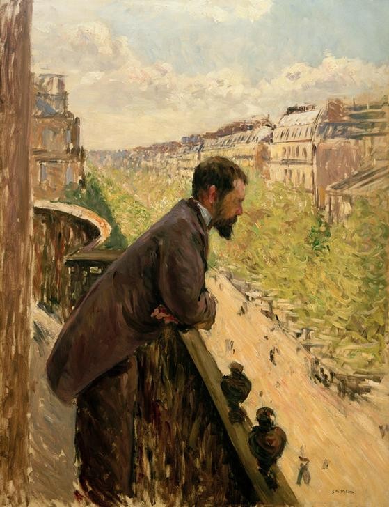 Gustave Caillebotte, Homme au balcon (Architektur,Balkon,Geographie,Haus,Kunst,Mann,Stadt,Strasse (Allgemein),Taube,Vogel,Wohnhaus (Allgemein),Urbanistik,Impressionismus,Grossstadt,Langeweile,Beobachten,Stadtansicht,Architekturdarstellung,Französische Kunst,Ansicht,Hauptstadt,Boulevard,Betrac)