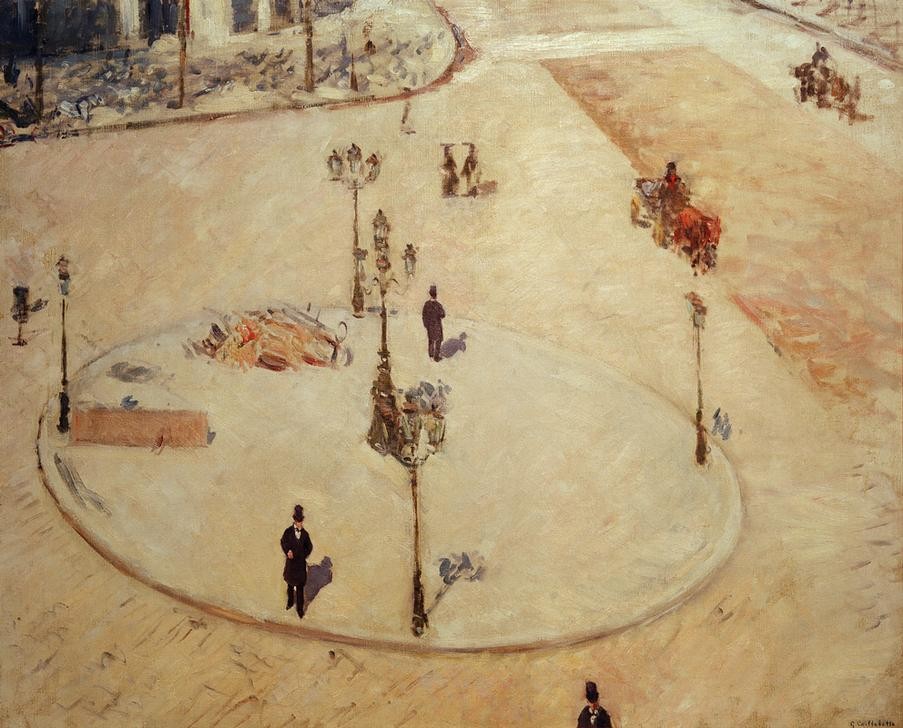 Gustave Caillebotte, Un réfuge, Boulevard Haussmann (Geographie,Kutsche,Kunst,Laterne,Strassenlaterne,Strassenszene,Verkehr,Platz,Impressionismus,Architekturdarstellung,Französische Kunst,Fussgänger,Strassenbeleuchtung,Topographie,Verkehrsinsel)