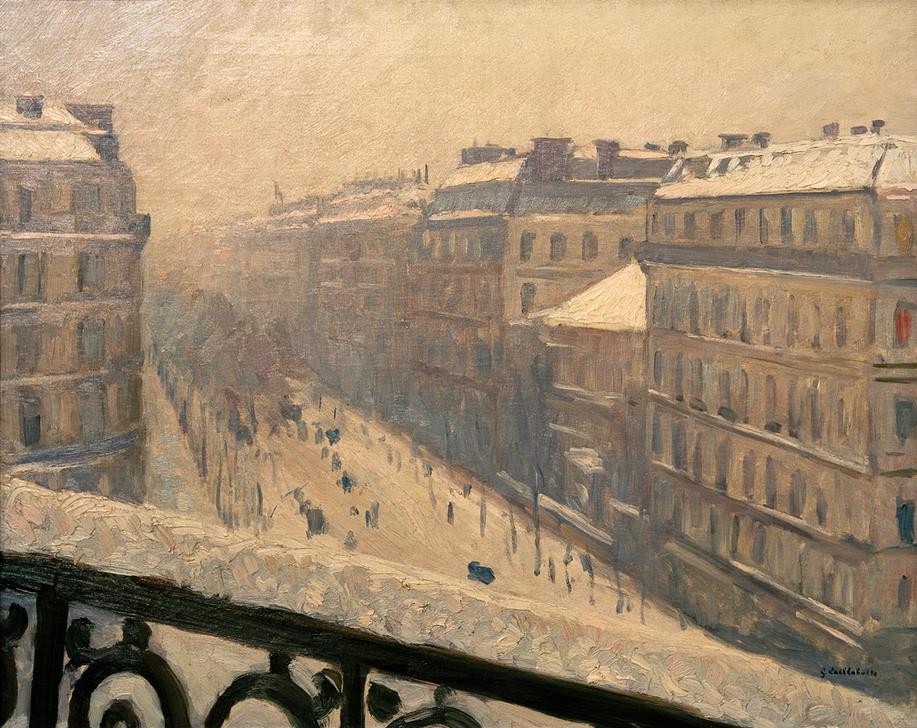 Gustave Caillebotte, Boulevard Haussmann, effet de neige (Architektur,Balkon,Geographie,Haus,Jahreszeiten,Kunst,Stadt,Strasse (Allgemein),Winter,Wohnhaus (Allgemein),Impressionismus,Schnee,Grossstadt,Architekturdarstellung,Französische Kunst,Hauptstadt,Boulevard,Stadtlandschaft,Topographie,Aussicht)