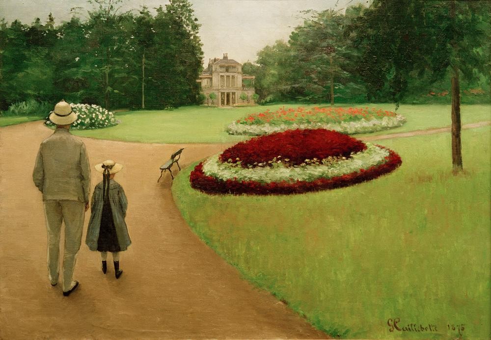 Gustave Caillebotte, Le parc de la propriété à Yerres (Architektur,Garten Und Park,Kind,Kunst,Landhaus,Landschaft,Mädchen,Mann,Menschen Im Park,Mensch,Park,Spaziergang,Villa,Wohnhaus Von Berühmten,Impressionismus,Rückenfigur,Architekturdarstellung,Französische Kunst,Menschen Im Garten,Privatsammlung,Rabatte,B)