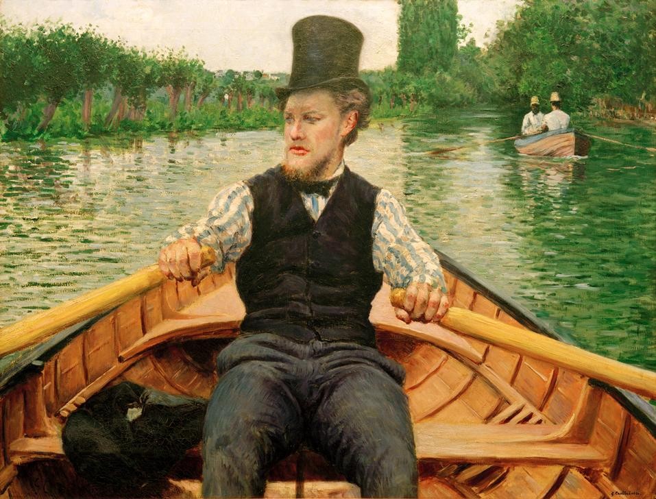 Gustave Caillebotte, Partie de bateaux, dit aussi Canotier au chapeau haut de fo (Ausflug,Bootspartie,Boot,Herrenhut,Herrenmode,Kopfbedeckung,Kunst,Landschaft,Mann,Mode,Freizeit,Rudern,Ruderboot,Schiff,Zylinder (Hut),Impressionismus,Hut,Fluss,Reise,Weste,Französische Kunst,Binnenschiffahrt,Hemd,Kleidung (Allgemein),Ruder,Flusschiffahrt)