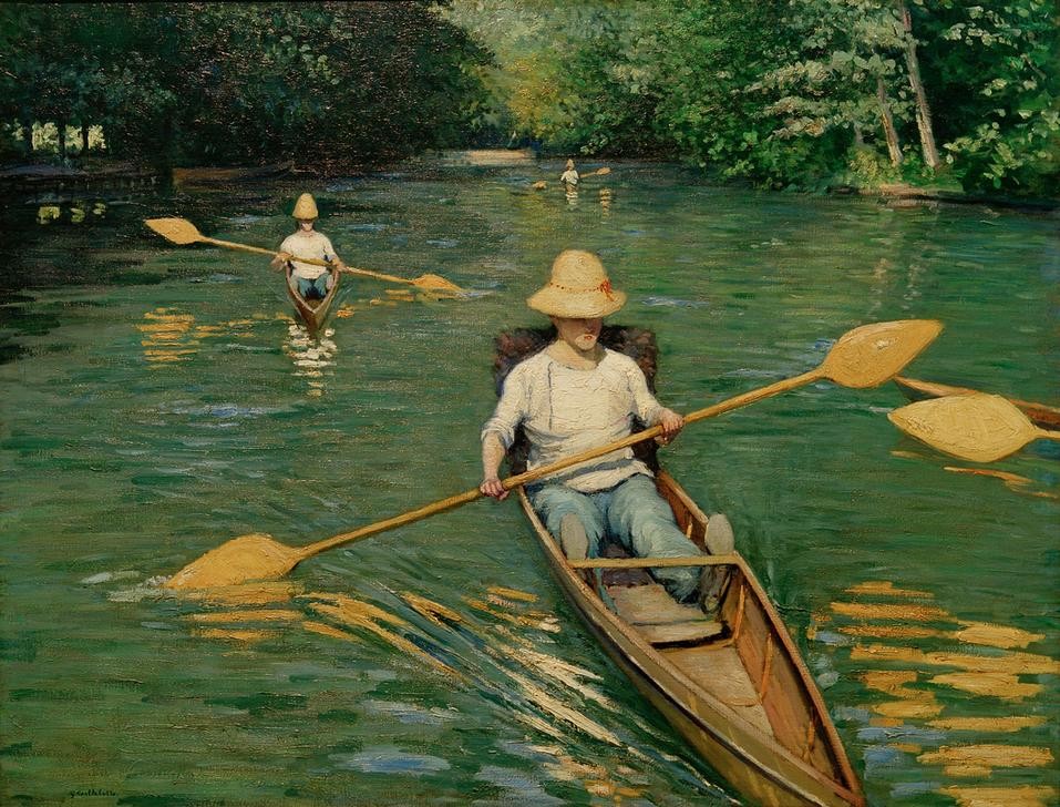 Gustave Caillebotte, Périssoires sur l’Yerres (Ausflug,Boot,Jahreszeiten,Kopfbedeckung,Kunst,Landschaft,Freizeit,Rudern,Schiff,Sommer,Sport,Impressionismus,Hut,Fluss,Strohhut,Reise,Paddelboot,Kanu,Französische Kunst,Binnenschiffahrt,Paddeln,Knabe,Sonnenhut,Kleidung (Allgemein),Sonnenschein,Flusschiffa)