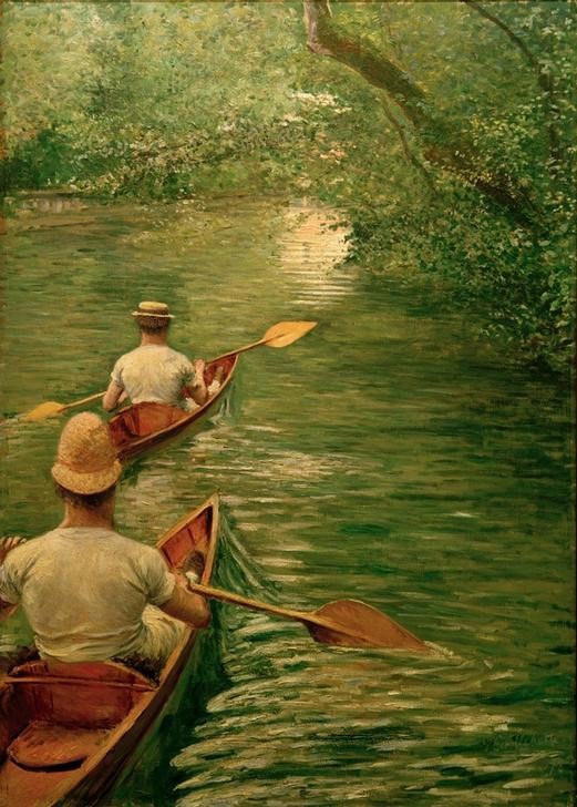 Gustave Caillebotte, Périssoires sur l’Yerres (Ausflug,Boot,Jahreszeiten,Kopfbedeckung,Kunst,Landschaft,Mann,Freizeit,Rudern,Schiff,Sommer,Sport,Impressionismus,Hut,Fluss,Strohhut,Reise,Paddelboot,Kanu,Französische Kunst,Binnenschiffahrt,Paddeln,Sonnenhut,Kleidung (Allgemein),Flusschiffahrt,Männerlebe)