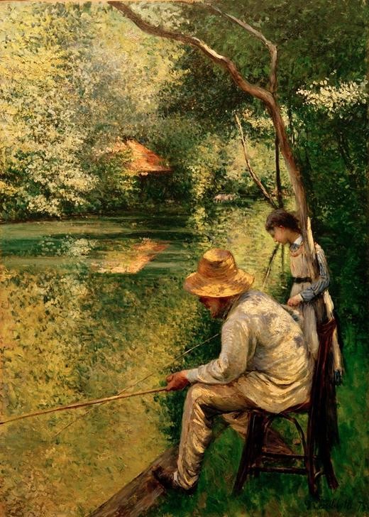 Gustave Caillebotte, Pêche à la ligne (Angeln (Sport),Jahreszeiten,Kind,Kopfbedeckung,Kunst,Landschaft,Mädchen,Mann,Freizeit,Sommer,Sport,Impressionismus,Hut,Fluss,Strohhut,Reise,Angel,Französische Kunst,Sonnenhut,Ufer,Kleidung (Allgemein),Stuhl,Kinderleben,Sonnenlicht,Sitzen,Fischfang,Männerl)