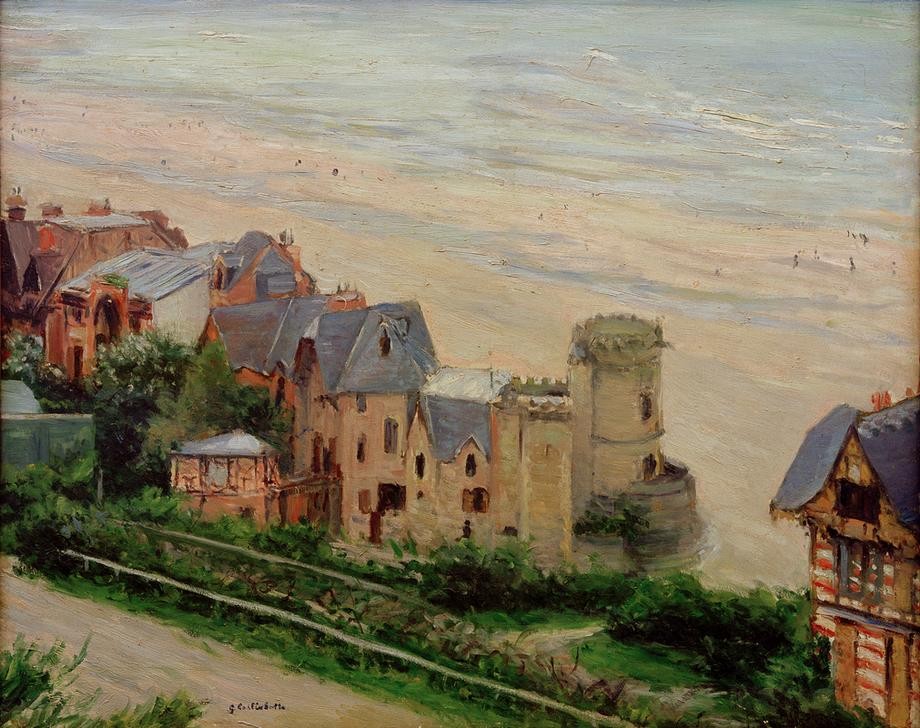 Gustave Caillebotte, Trouville, la plage et les villas (Architektur,Geographie,Haus,Kunst,Landschaft,Seebad,Strand,Villa,Wohnhaus (Allgemein),Meer,Impressionismus,Architekturdarstellung,Französische Kunst,Topographie,Privatsammlung,Kurbad,Kurort)