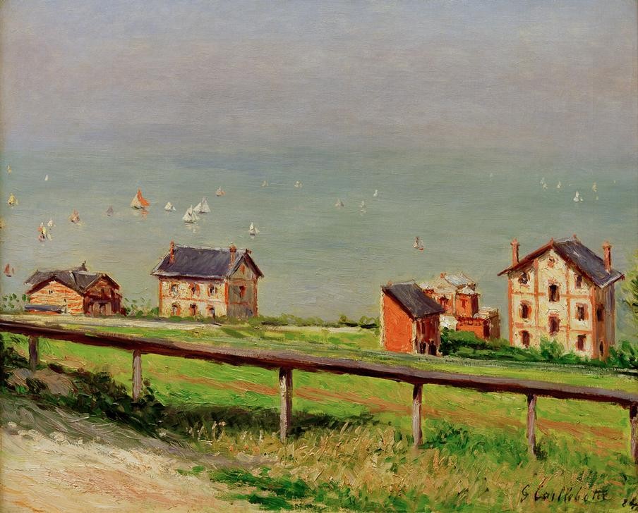 Gustave Caillebotte, Régates en mer, à Trouville (Boot,Haus,Küste,Kunst,Landschaft,Schiff,Segeln,Sport,Meer,Impressionismus,Segelboot,Regatta,Französische Kunst,Signatur,Schifffahrt)