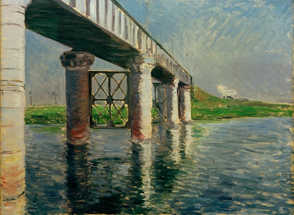 Gustave Caillebotte, La Seine et le pont de chemin de fer à Argenteuil (Architektur,Brücke,Eisenbahnbrücke,Eisenbahn,Kunst,Landschaft,Verkehrswege,Verkehr,Impressionismus,Fluss,Spiegelung,Französische Kunst)