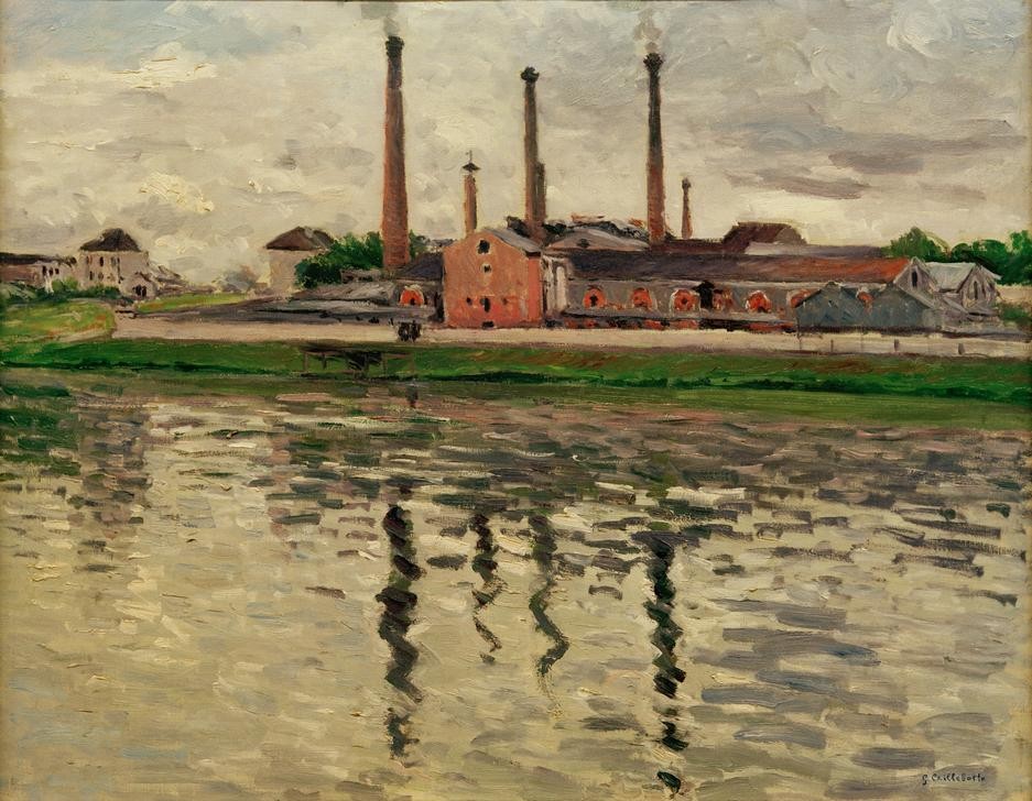 Gustave Caillebotte, Fabriques à Argenteuil (Architektur,Industrie,Kunst,Landschaft,Schornstein,Impressionismus,Fluss,Spiegelung,Fabrik,Industrialisierung,Architekturdarstellung,Französische Kunst)