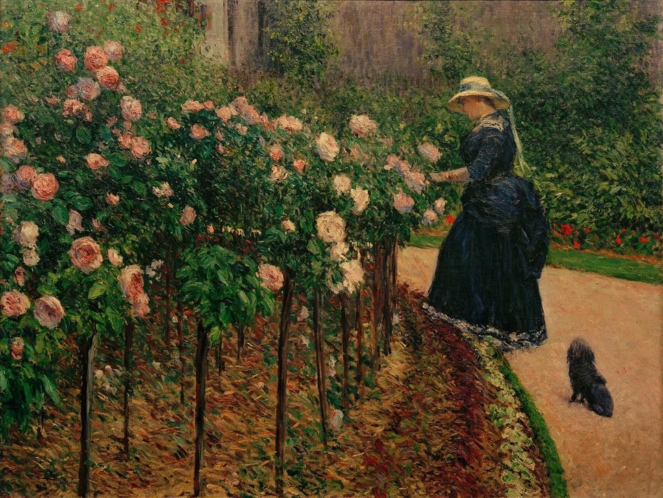 Gustave Caillebotte, Les roses, jardin du Petit Gennevilliers (Frau,Garten Und Park,Kunst,Rose,Stockrose,Wohnhaus Von Berühmten,Impressionismus,Hund,Geliebte,Hausgarten,Künstlerfrau,Künstlerhaus (Wohnhaus),Gartenarbeit,Französische Kunst,Haustier,Menschen Im Garten,Frau Und Tier,Frauenleben,Tier,Blume,Rosenstock (Pfl)