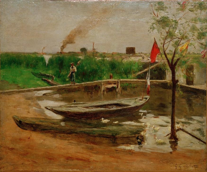 Gustave Caillebotte, Remise de barques près de Porte Marly (Boot,Hafen,Kahn,Kunst,Landschaft,Mann,Ponton,Schiff,Impressionismus,Fluss,Bootshaus,Steg (Architektur),Französische Kunst,Binnenschiffahrt,Flusschiffahrt,Fahne,Signatur,Schifffahrt)