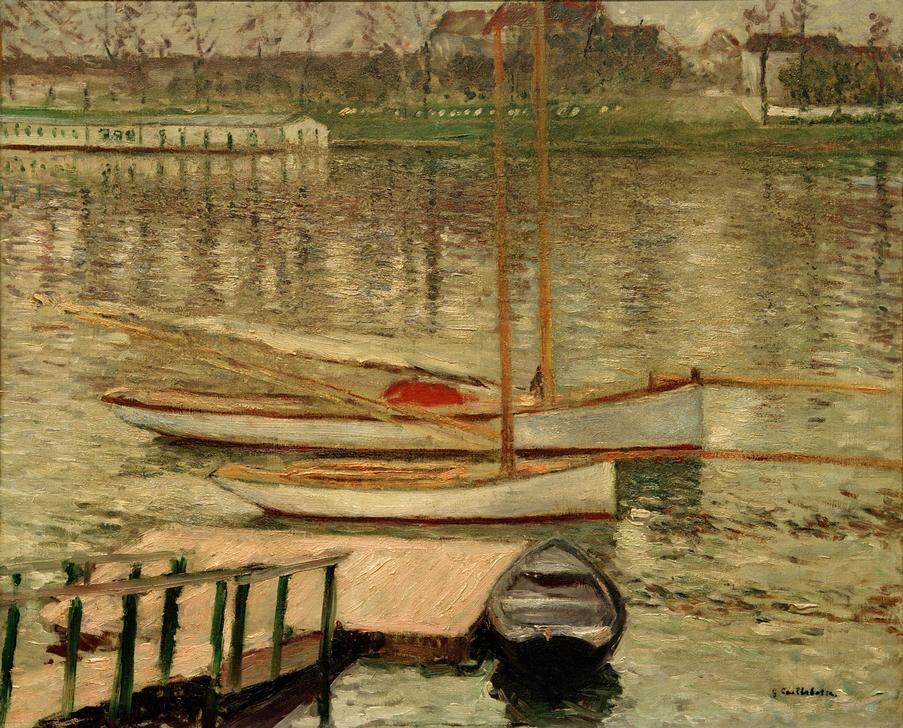 Gustave Caillebotte, Voiliers au mouillage sur la Seine (Boot,Hafen,Kunst,Landschaft,Ponton,Schiff,Impressionismus,Segelboot,Fluss,Bootshaus,Steg (Architektur),Französische Kunst,Binnenschiffahrt,Flusschiffahrt,Bootsanlegestelle,Signatur,Schifffahrt)