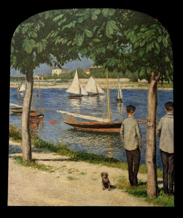 Gustave Caillebotte, La berge au Petit Gennevilliers et la Seine (Boot,Kunst,Landschaft,Mann,Freizeit,Schiff,Spaziergang,Impressionismus,Segelboot,Herr Und Hund,Hund,Fluss,Baum,Rückenfigur,Französische Kunst,Binnenschiffahrt,Haustier,Ufer,Zuschauen,Betrachten,Tier,Zuschauer,Flusschiffahrt,Mensch Und Tier,Aussicht,Schiff)