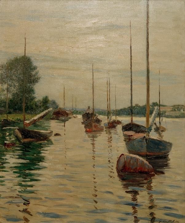 Gustave Caillebotte, Bateaux à l’ancre sur la Seine (Boot,Kunst,Landschaft,Schiff,Impressionismus,Segelboot,Fluss,Spiegelung,Anker,Französische Kunst,Binnenschiffahrt,Flusschiffahrt,Privatsammlung,Vor Anker,Signatur,Schifffahrt)