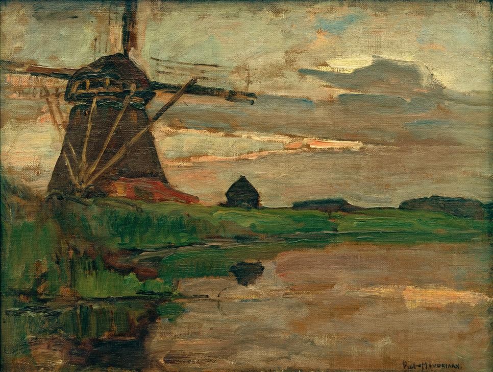 Piet Mondrian, Oostzijder Mühle (Gewässer,Himmel (Natur),Kunst,Landschaft,Mühle,Windmühle,Technik,Niederländische Kunst)