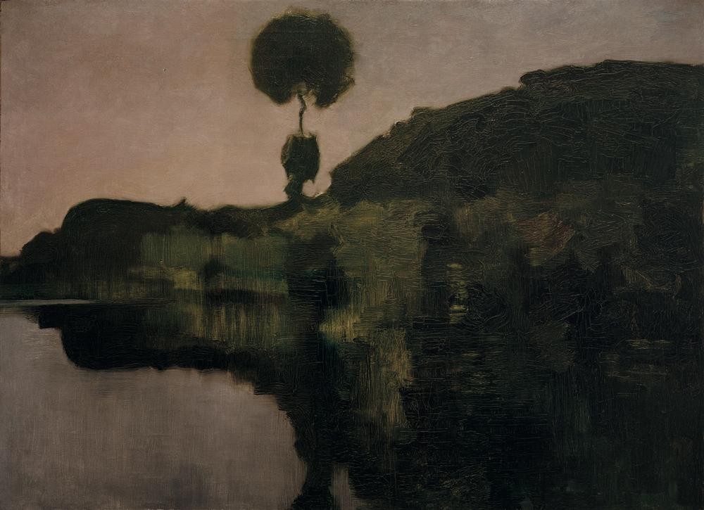 Piet Mondrian, Evening on the Gein with Isolated Tree (Kunst,Landschaft,Tageszeiten,Abend,Fluss,Baum,Niederländische Kunst)