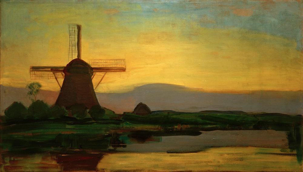 Piet Mondrian, Oostzijder Mühle am Abend (Gewässer,Himmel (Natur),Kunst,Landschaft,Mühle,Sonnenuntergang,Windmühle,Tageszeiten,Abend,Technik,Niederländische Kunst,Dämmerung)