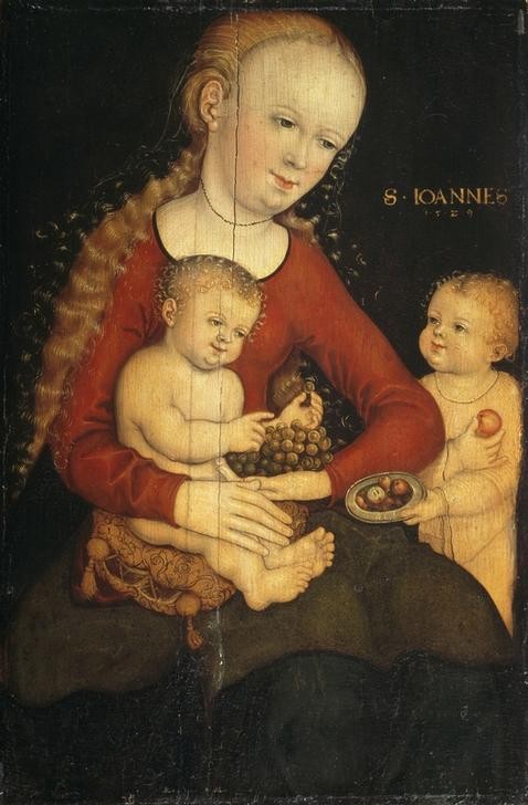 Lucas Cranach der Ältere, Maria mit Kind und dem Johannesknaben (Deutsche Kunst,Kunst,Religion,Renaissance,Maria Mit Kind,Jesusknabe,Weintraube)