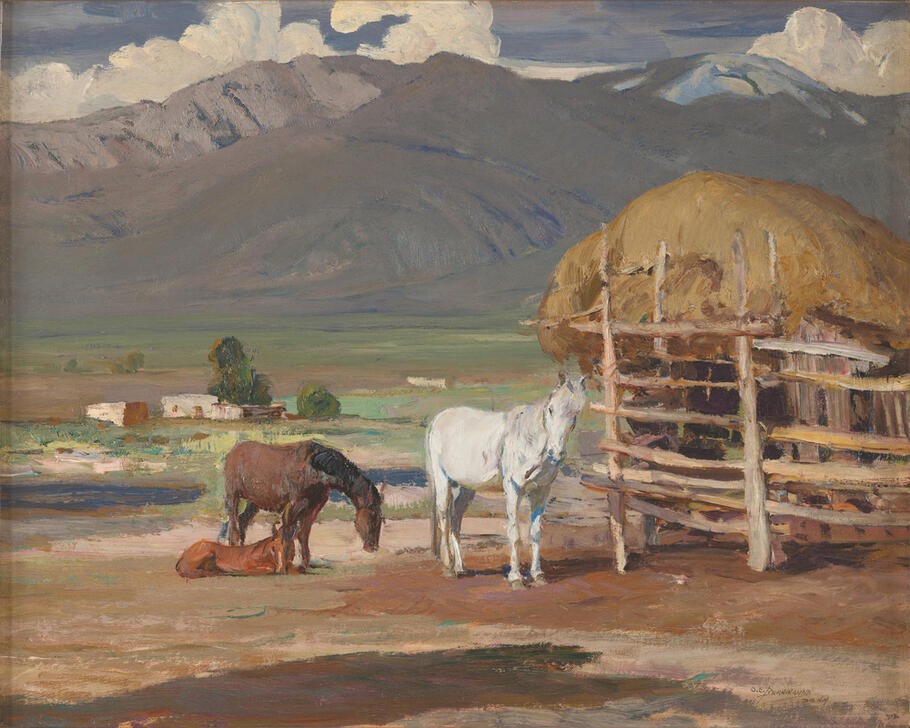 Oscar Edmund Berninghaus, Im Gehege (KUNST, LANDSCHAFT, PFERD (TIER), PFERDEZUCHT, AMERIKANISCHE KUNST, TIERLEBEN, US-AMERIKANISCHE KUNST, TIER, SÄUGETIER, LANDWIRTSCHAFT, KOPPEL, WEIDE (WIESE))