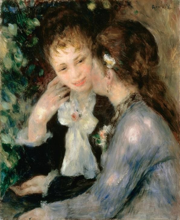 Pierre-Auguste Renoir, Vertrauliche Gespräche (Frau,Freundschaft (Allgemein),Maler (Künstler),Ring,Schmuck,Impressionismus,Portrait,Bürgertum,Französische Kunst,Lächeln,Fingerring,Kommunikation,Ehering,Junge Frau,Freundin,Unterhaltung (Gespräch))