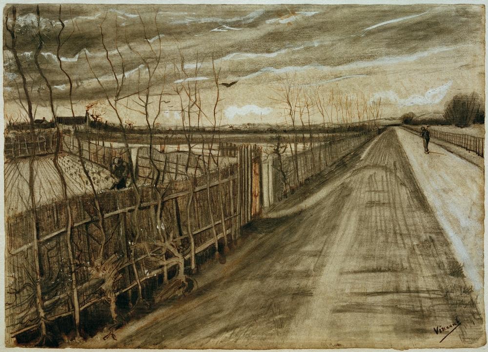 Vincent van Gogh, Landstraße (Kunst,Landstrasse,Landschaft,Verkehrswege,Strasse (Allgemein),Gemüsegarten,Impressionismus,Ebene,Gartenzaun,Niederländische Kunst,Horizont)