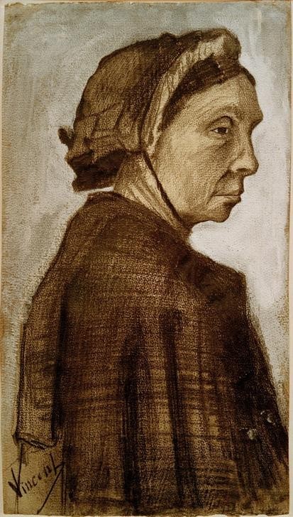 Vincent van Gogh, Kopf einer Frau (Frau,Kopfbedeckung,Mensch,Impressionismus,Portrait,Haube,Niederländische Kunst,Umhang)