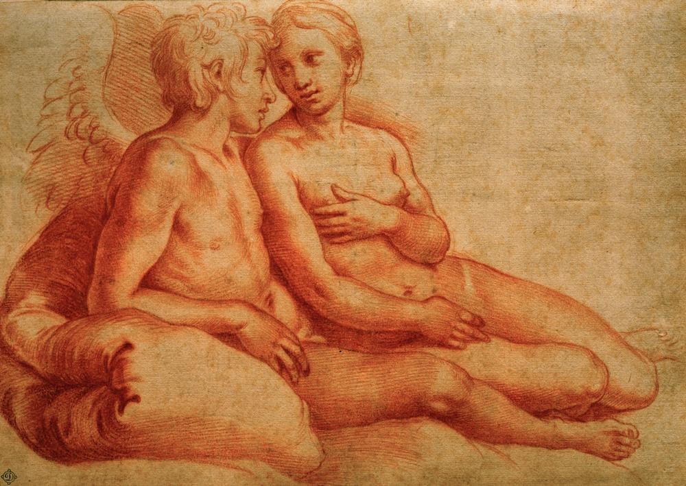 Raffael, Amor und Psyche (Liebe, Liebespaar, Mythologie, Renaissance, Akt, Götterliebe,  Paar, Göttin, Gott, Blick  Blickaustausch, Griechisch-Römische Mythologie, Wunschgröße, Klassiker, Rötelzeichnung)