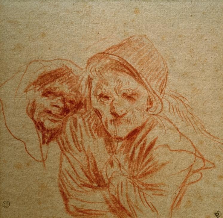 Jean-Antoine Watteau, Zwei grimassierende Alte (Kopfbedeckung,Kunst,Mann,Mensch,Alter,Hut,Rokoko,Portrait,Französische Kunst,Grimasse,Alter Mann,Mimik,Blick Aus Dem Bild,Halbfigur)