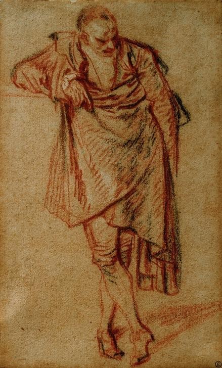 Jean-Antoine Watteau, Stehender Mann, auf einen Sockel gestützt (Herrenmode,Kunst,Mann,Mensch,Mode,Rokoko,Portrait,Französische Kunst,Lässigkeit,Kleidung (Allgemein),Sockel,Ganzfigurig,Faltenwurf,Körperhaltung,Arm Aufstützen,Umhang)