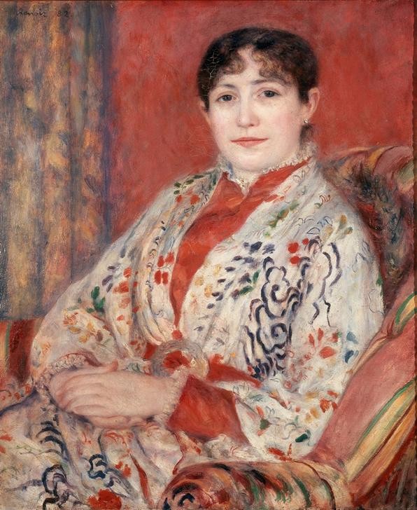 Pierre-Auguste Renoir, Bildnis Madame Leriaux (Frau,Maler (Künstler),Mode,Volkskunde,Impressionismus,Portrait,Hausmantel,Französische Kunst,Lächeln,Sessel,Sitzen,Geblümt,Halbfigur,Land Und Leute)