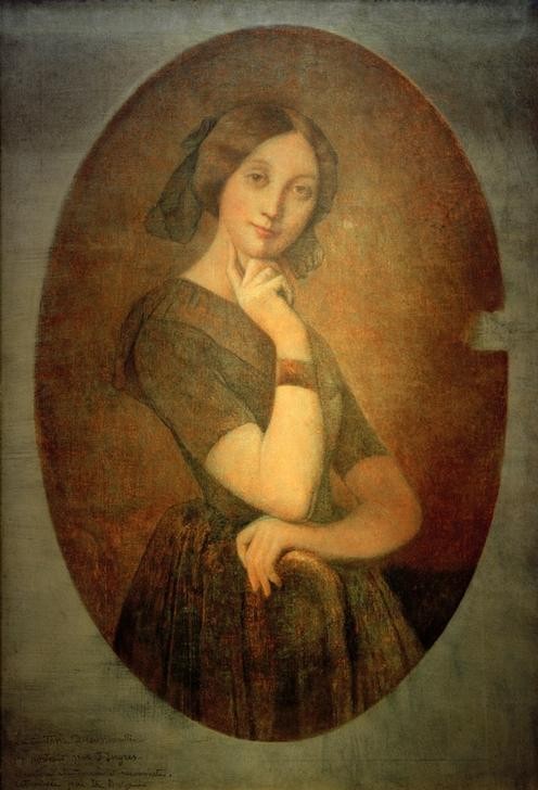 JEAN-AUGUSTE-DOMINIQUE INGRES, Louise de Broglie (Damenmode,Frau,Kunst,Literatur,Mode,Schriftstellerin,Klassizismus,Hand,Portrait,Prinzessin,Adel,Studie,Französische Kunst,Kleid,Haarschleife,Enkel Von Berühmten,Gräfin,Junge Frau,Blick Aus Dem Bild,Halbfigur,Oval,Person,Frisur)