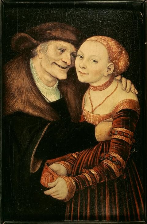 Lucas Cranach der Ältere, Der verliebte Alte (Damenmode,Deutsche Kunst,Frau,Geld,Kunst,Lebensalter,Liebe,Liebe Und Ehe,Liebespaar,Mann,Mensch,Mode,Ungleiches Paar,Alter,Renaissance,Greis,Umarmung,Jugend Und Alter,Gegensatz,Alter Mann,Junge Frau,Zahnlücke,Käufliche Liebe,Geldbeutel)