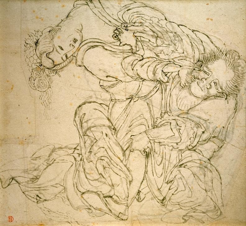 Katsushika Hokusai, Soko kämpft mit seiner Frau (Ehekrach,Ehepaar,Kunst,Liebe Und Ehe,Literatur,Mensch,Räuberhauptmann,Völkerkunde,Japanische Kunst,Streit,Studie,Gewalt,Kampf,Paar,Illustration,Buchillustration,Eheleben,Edo-Zeit,Land Und Leute)