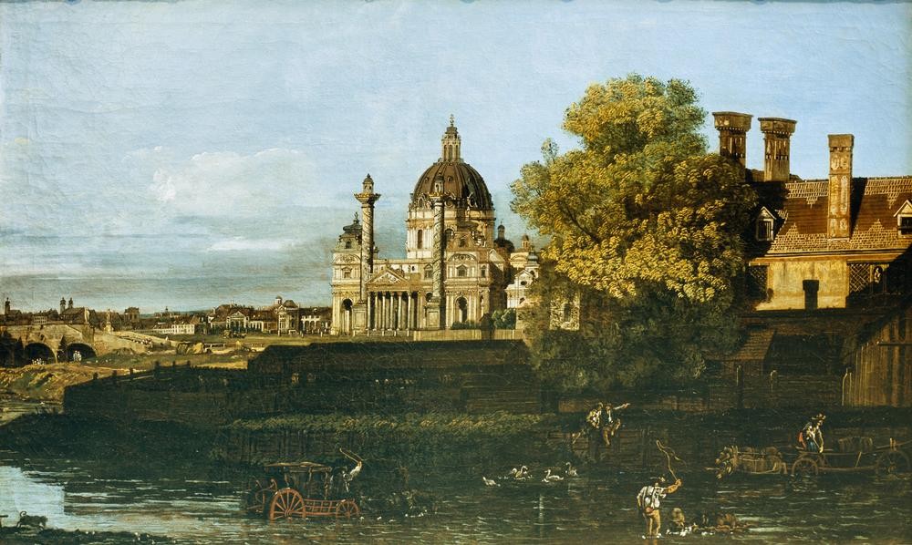 Bernardo Bellotto, Ansicht der Karlskirche in Wien (Städte, Östereich, Hauptstadt, Architektur, Gebäude, historisch, Rokoko, Malerei, Wohnzimmer, Wunschgröße, Klassiker, bunt)