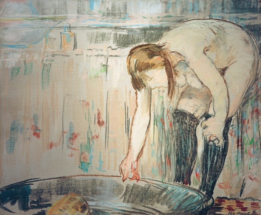 Edouard Manet, Die Frau mit der Wanne (Körperpflege,Bad,Frau,Kunst,Strumpf,Akt,Französische Kunst,Nacktheit,Halbakt,Badezimmer,Schwamm,Junge Frau,Bücken,Badewanne,Zuber,Alltag)