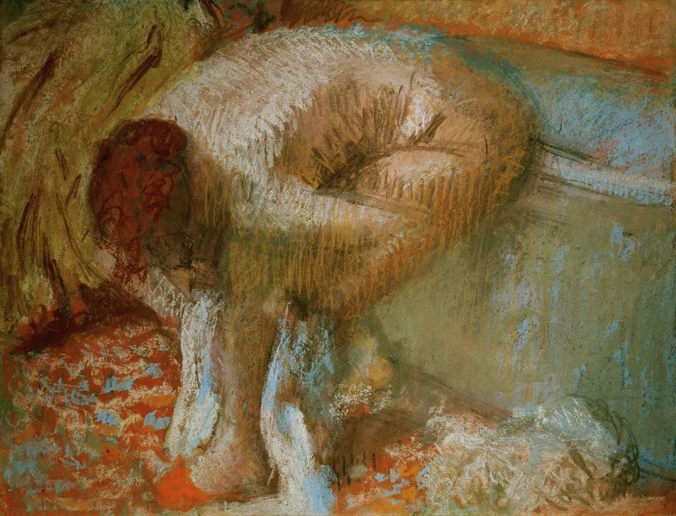 Edgar Degas, Frau, sich nach dem Bad die Füße abtrocknend (Körperpflege,Bad,Frau,Kunst,Impressionismus,Akt,Französische Kunst,Fuss,Nacktheit,Handtuch,Abtrocknen,Sitzen,Intimsphäre,Bücken,Körperhaltung,Badewanne,Alltag)