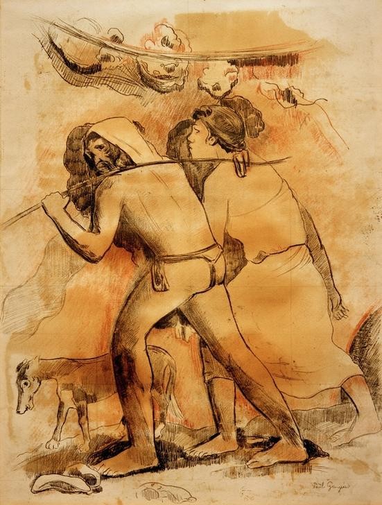 Paul Gauguin, Der Aufbruch (Adam und Eva) (Kunst,Religion,Hund,Altes Testament,Vertreibung Aus Dem Paradies,Bibel,Französische Kunst,Genesis,Tier,Jahrhundertwende,Jüdisch-Christlich,Quadrierung,Signatur)
