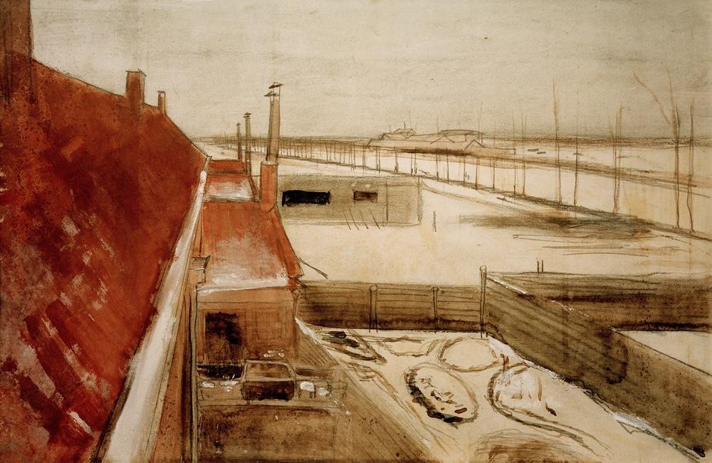 Vincent van Gogh, Blick aus dem Atelier des Künstlers in Den Haag (Atelier,Architektur,Geographie,Haus,Jahreszeiten,Kanal,Kunst,Maler (Künstler),Strasse (Allgemein),Winter,Hof,Schnee,Zaun,Architekturdarstellung,Blick Aus Dem Fenster,Niederländische Kunst,Topographie,Menschenleere,Ausblick,Garten)