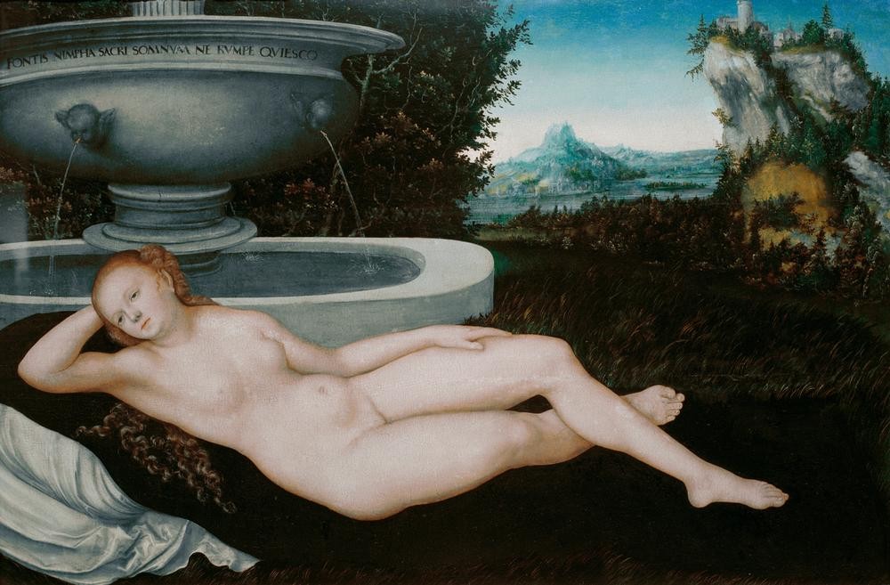 Lucas Cranach der Ältere, Quellnymphe (Deutsche Kunst,Frau,Kunst,Landschaft,Mythologie,Wasser,Brunnen,Nymphe,Renaissance,Akt,Quelle,Nixe,Felsen,Ausruhen,Quellnymphe,Junge Frau,Locke,Liegen,Inschrift,Ganzfigurig,Schrift,Griechisch-Römische Mythologie)