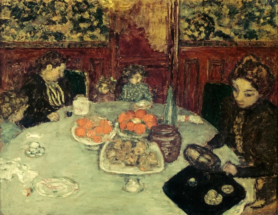 Pierre Bonnard, Le déjeuner (Frau,Kanne,Kind,Kunst,Tafelsitten,Frühstück,Interieur,Französische Kunst,Einschenken,Nabis,Jahrhundertwende,Täfelung)