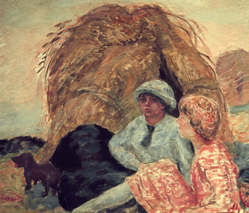 Pierre Bonnard, La meule (Madame Marthe Bonnard et son amie) (Dackel,Frau,Kunst,Landschaft,Impressionismus,Hut,Hund,Heu,Ehefrau Von Berühmten,Portrait,Künstlerfrau,Französische Kunst,Kleid,Heuschober,Tier,Nabis,Doppelportrait,Freundin)