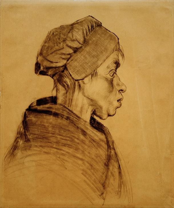 Vincent van Gogh, Kopf einer Frau (Frau,Kopfbedeckung,Kunst,Mensch,Impressionismus,Portrait,Haube,Niederländische Kunst,Doppelkinn,Profil,Hässlichkeit,Brustbild,Unterschicht)