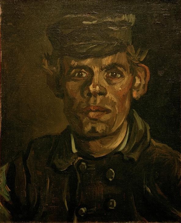Vincent van Gogh, Porträt eines jungen Bauern mit Schirmkappe (Bauer (Landwirt),Mann,Mensch,Volkskunde,Impressionismus,Portrait,Niederländische Kunst,Schirmmütze,Kappe (Kopfbedeckung),Landbevölkerung,Brustbild,Junger Mann)