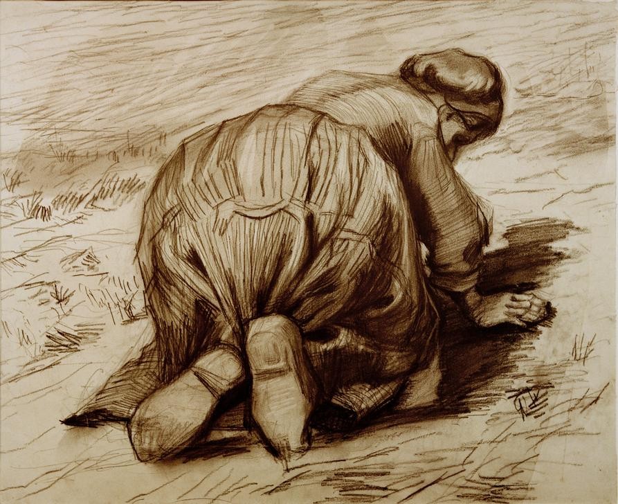 Vincent van Gogh, Kniende Bäuerin (Ackerbau,Arbeit,Bauer (Landwirt),Kunst,Volkskunde,Impressionismus,Bäuerin,Haube,Niederländische Kunst,Landleben,Frauenleben,Holzschuhe,Landbevölkerung,Knien,Feldarbeit,Landwirtschaft)
