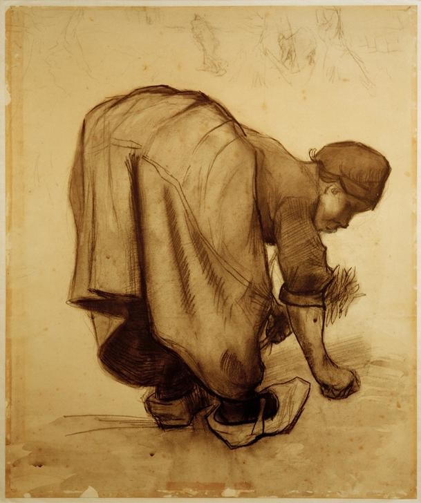 Vincent van Gogh, Bäuerin beim Ährenlesen (Bauer (Landwirt),Ernte,Getreideanbau,Kunst,Volkskunde,Impressionismus,Getreide,Bäuerin,Haube,Niederländische Kunst,Landleben,Ährenlese,Frauenleben,Holzschuhe,Landbevölkerung,Bücken,Landwirtschaft)