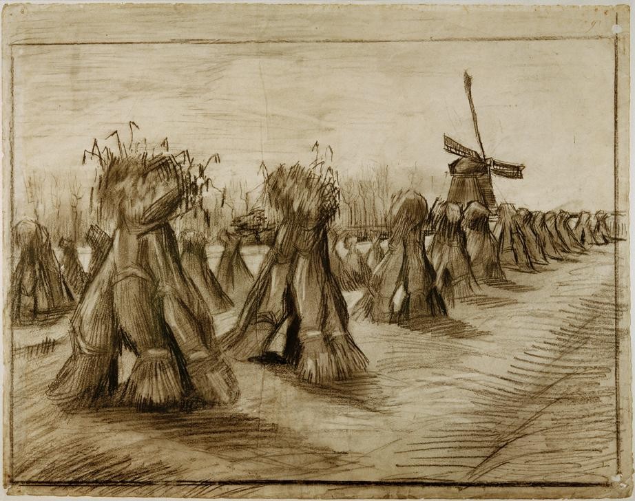 Vincent van Gogh, Kornbündel und Windmühle (Ernte,Getreideanbau,Kunst,Landschaft,Mühle,Impressionismus,Getreide,Niederländische Kunst,Getreidefeld,Garbe,Landwirtschaft)
